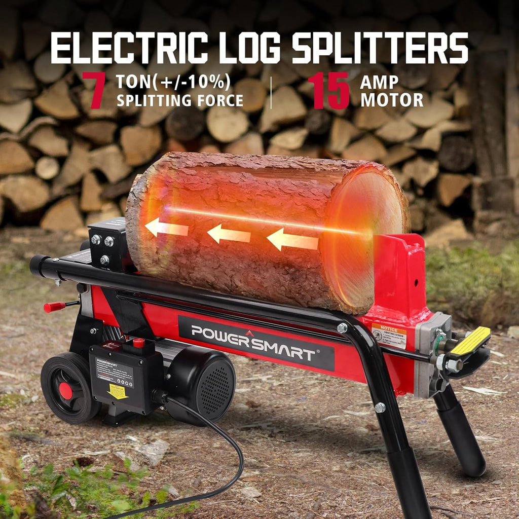 7-Ton Electric Log Splitter, 15 Amp, Horizontal Full-Beam Design with Steel Wedge
