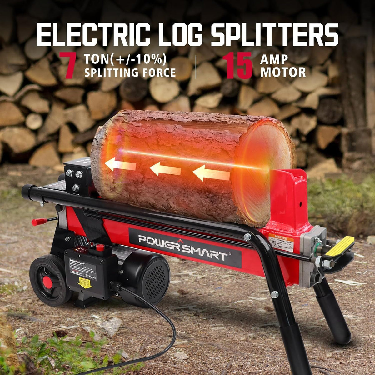 7-Ton Electric Log Splitter, 15 Amp, Horizontal Full-Beam Design with Steel Wedge
