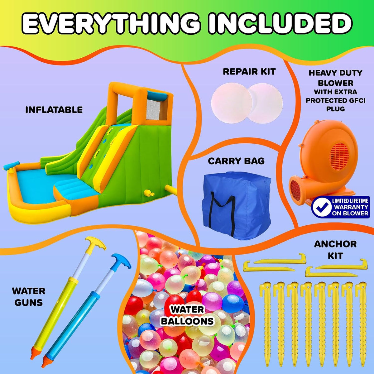 Tidal Wave Inflatable Water Slide for Kids Blower & GFCI Safety Plug, Climbing Wall, Splash Pool, Water Cannon, Ages 3 8