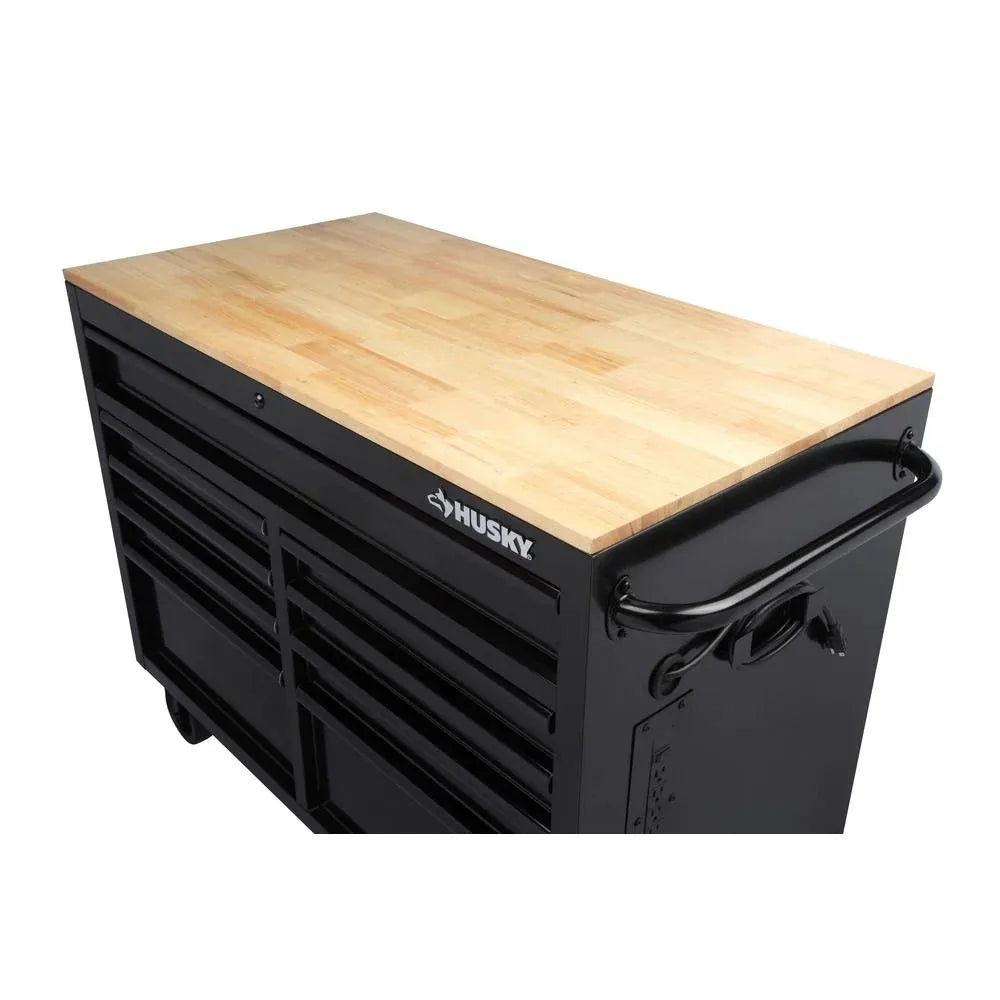46-Inch W x 24.5-Inch D 9-Drawer Mobile Workbench with Hardwood Top and Power Station, Gloss Black
