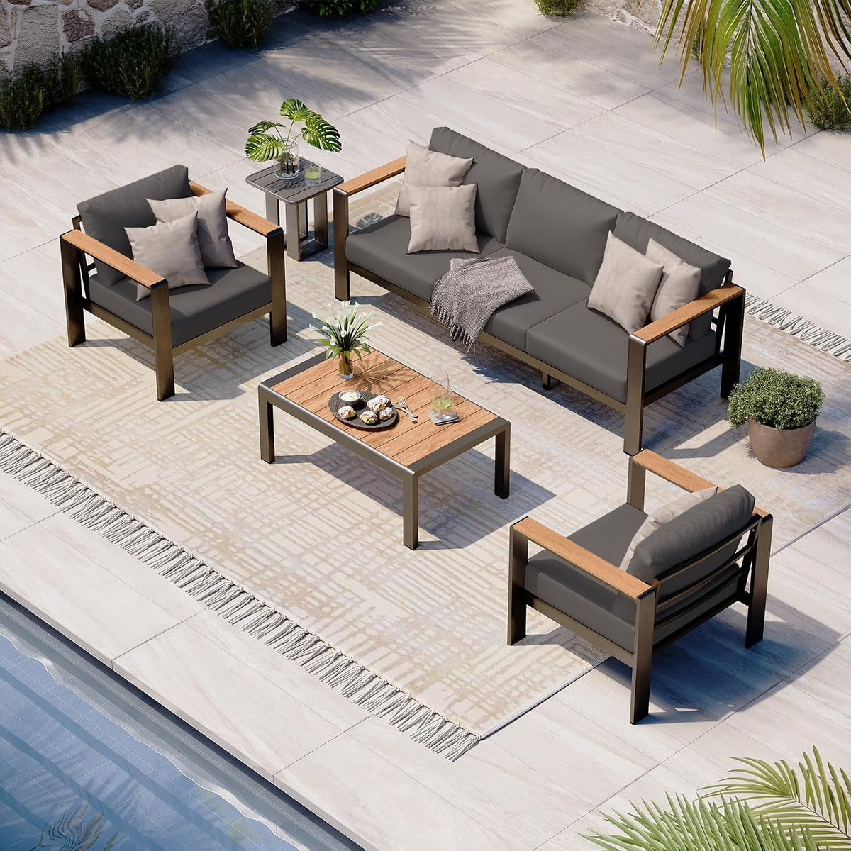 Aluminum Outdoor Patio Furniture Set with Coffee Table, 5 Piece Patio Conversation Sets, Outdoor Sectional Furniture for Porch, Balcony, Yard, Gray