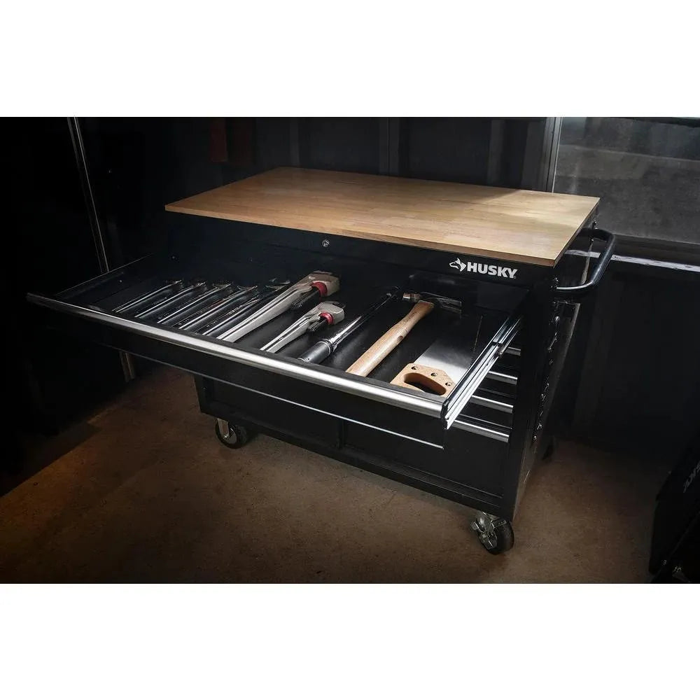 46-Inch W x 24.5-Inch D 9-Drawer Mobile Workbench with Hardwood Top and Power Station, Gloss Black