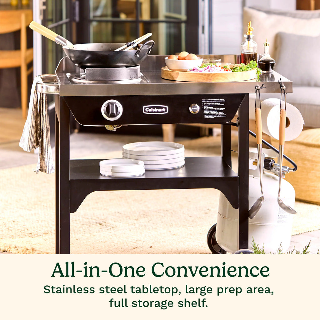 50,000 BTU Propane Outdoor Wok Station with Prep Table and 14-Inch Carbon Steel Wok, Black