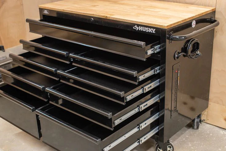 46-Inch W x 24.5-Inch D 9-Drawer Mobile Workbench with Hardwood Top and Power Station, Gloss Black