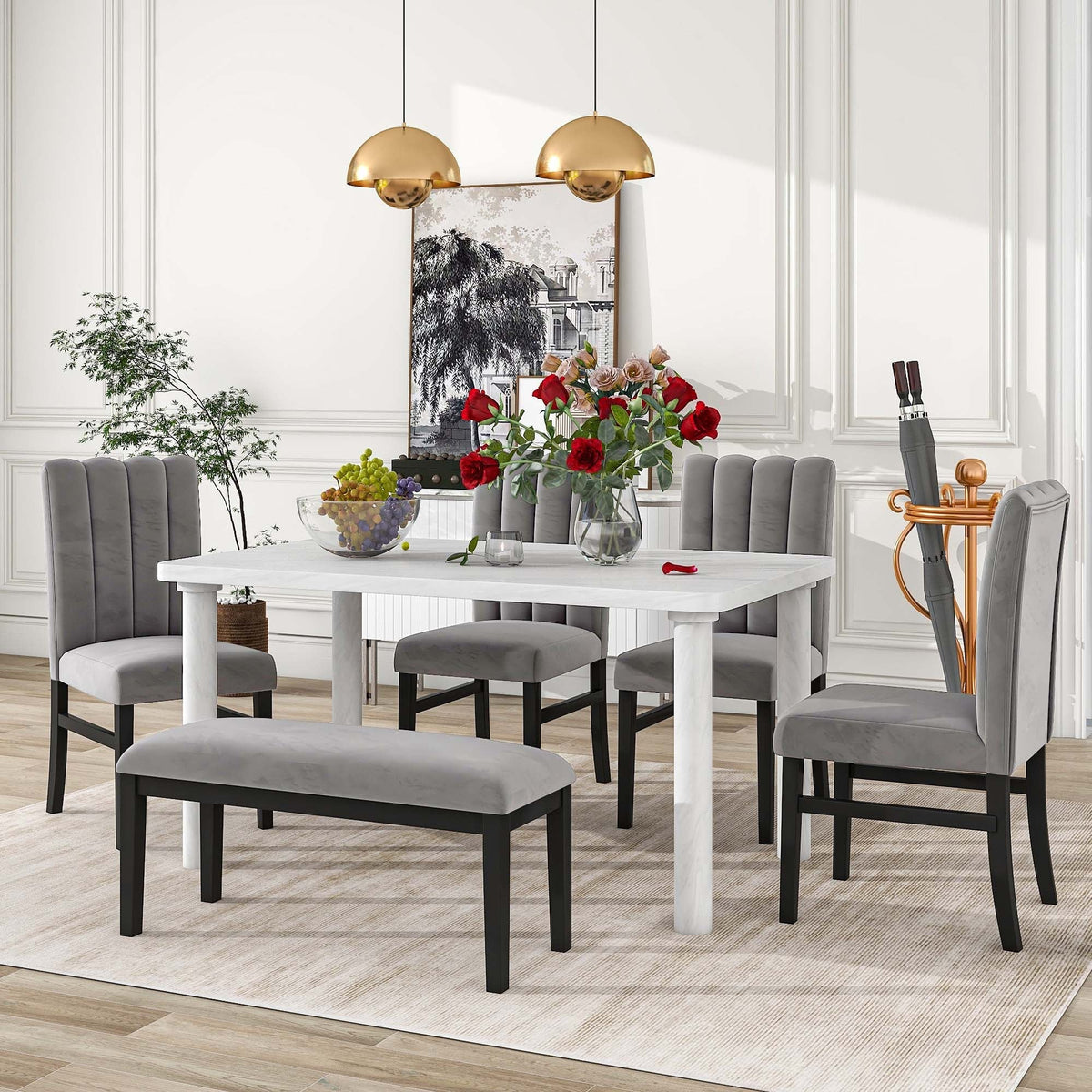 Set of 6 Marble Sticker Dining Table and 4 Velvet Upholstered Dining Chairs and Bench (White+Grey) Dimensions Table: 60"L x 36"W x 30"H Chair: 19.3"L