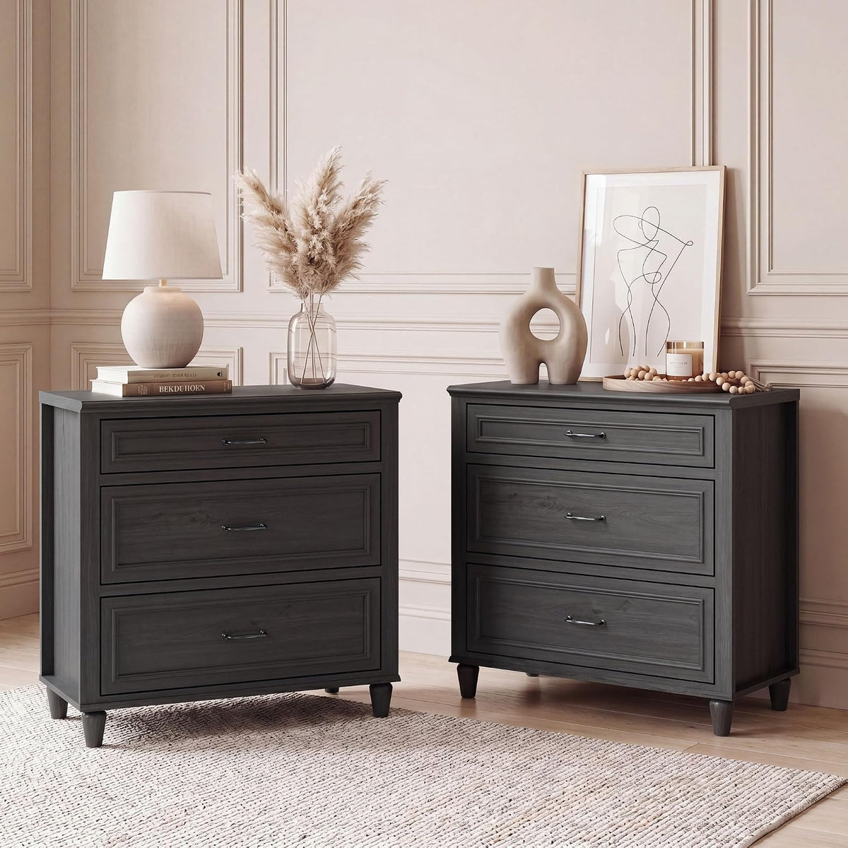 4 Piece Bedroom Furniture Set, Modern Nightstand Collection with Matching 3 Drawer, 5 Drawer & 6 Drawer Bedside Tables, Wood Storage Nightstands with Metal Handles,Black Grey