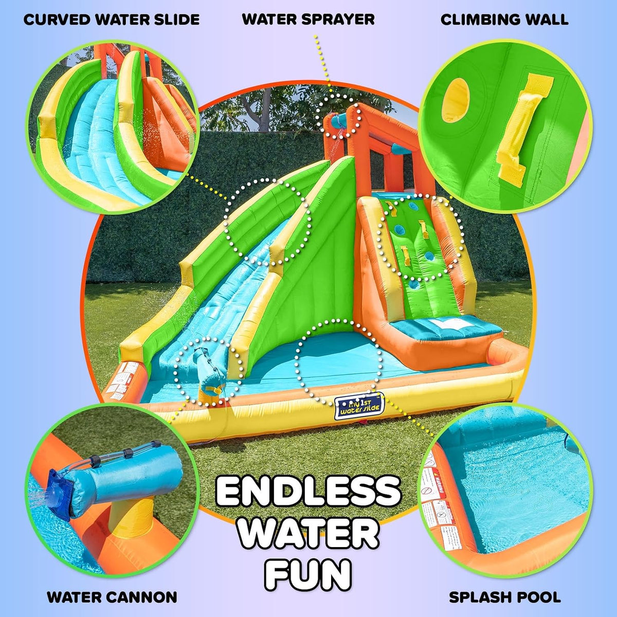 Tidal Wave Inflatable Water Slide for Kids Blower & GFCI Safety Plug, Climbing Wall, Splash Pool, Water Cannon, Ages 3 8