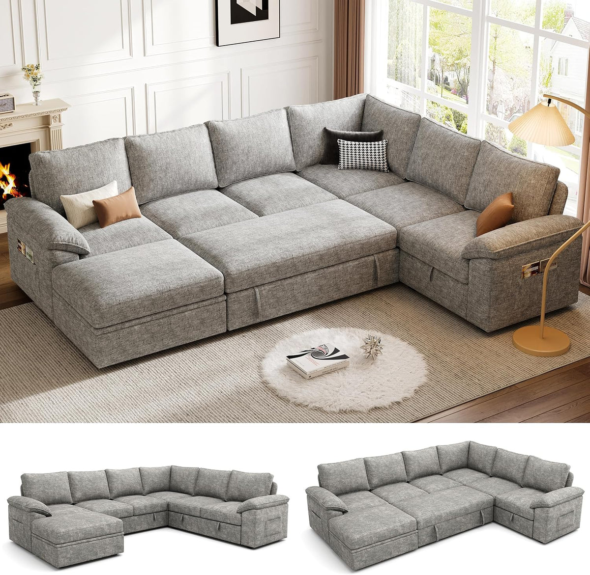 106'' Modular Sectional Sofa with Pull Out Bed, Sleeper Sofa, Dark Gray