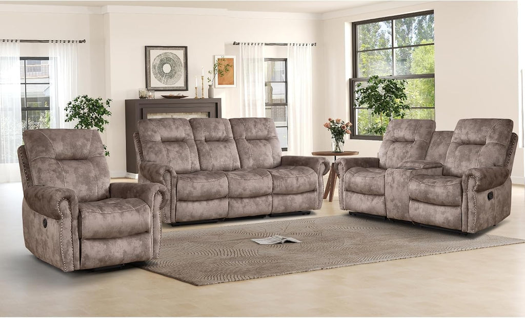 3 Pieces Reclining Couch Furniture Set for Living Room, Double 1 Seat Power Recliner Chair with Massage and Heat, a 3 Seater Manual Sofa, Vintage Rivet Mid Century Design, Grey