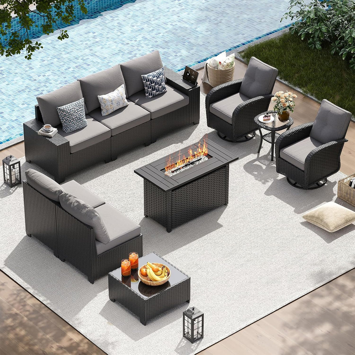 13 PCS Patio Furniture Set with 44'' Fire Pit Table, Outdoor Sectional All Weather Wicker Conversation Set with Swivel Rocker Chairs, 4'' Thick Cushions for Backyard Poolside(Navy/Grey)