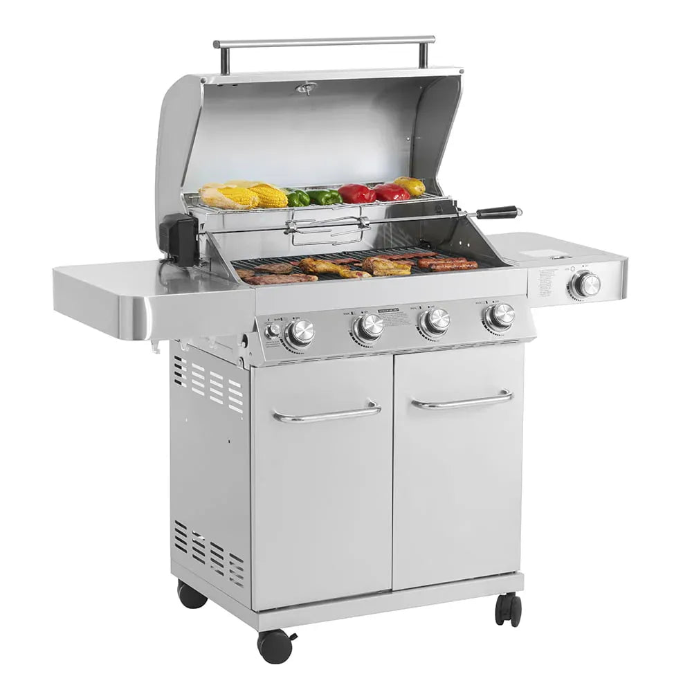 Stainless Steel 4-Burner Propane Gas Grill with Rotisserie
