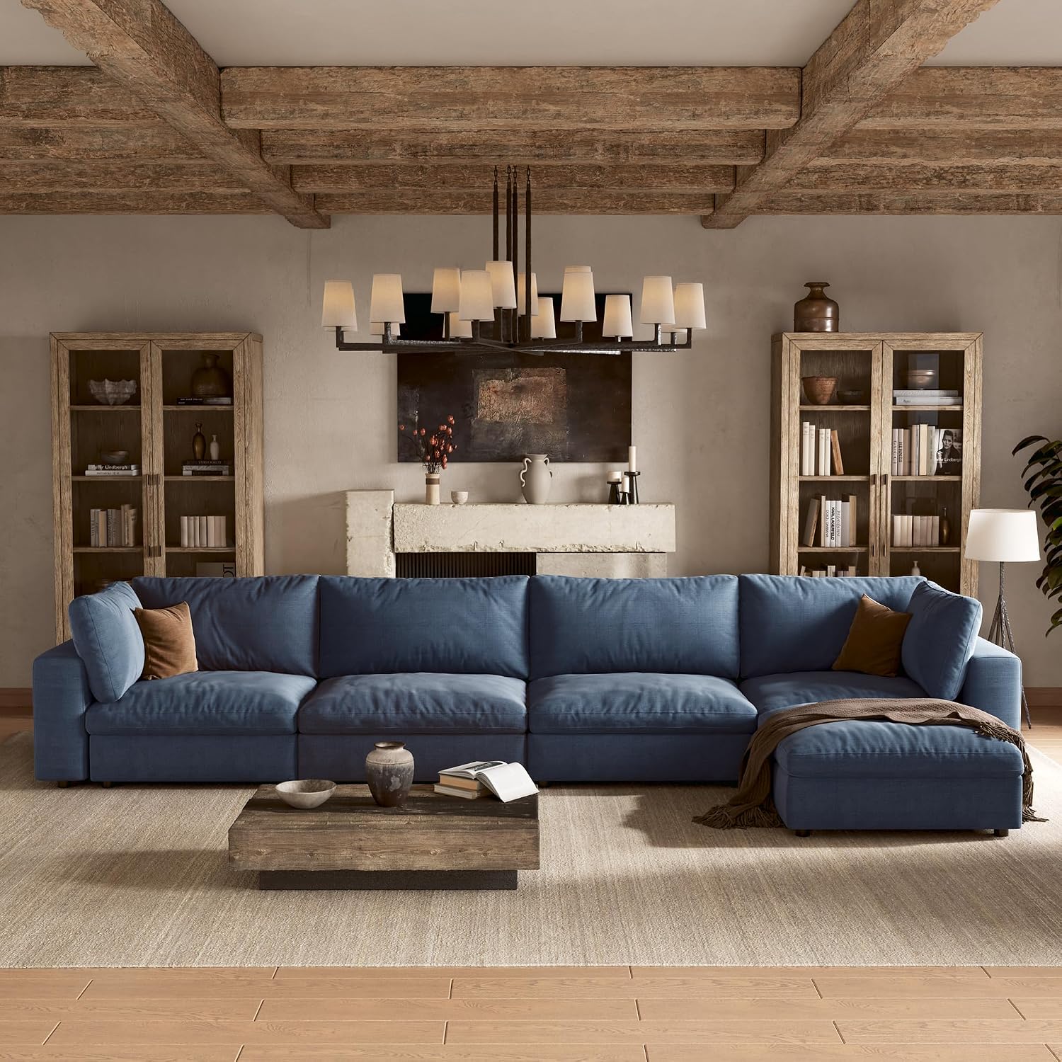 110'' Cloud Sectional Couch with Washable Cover, Deep Seat Modular Sectional Sofa for Living Room, Oversized Sectional Couch with Throw Pillow and Storage Ottoman, 3Seater L Shaped, Off White