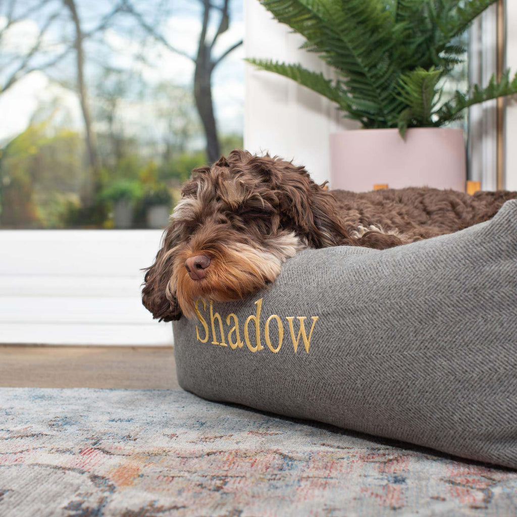 Box Bed For Dogs in Herringbone Tweed