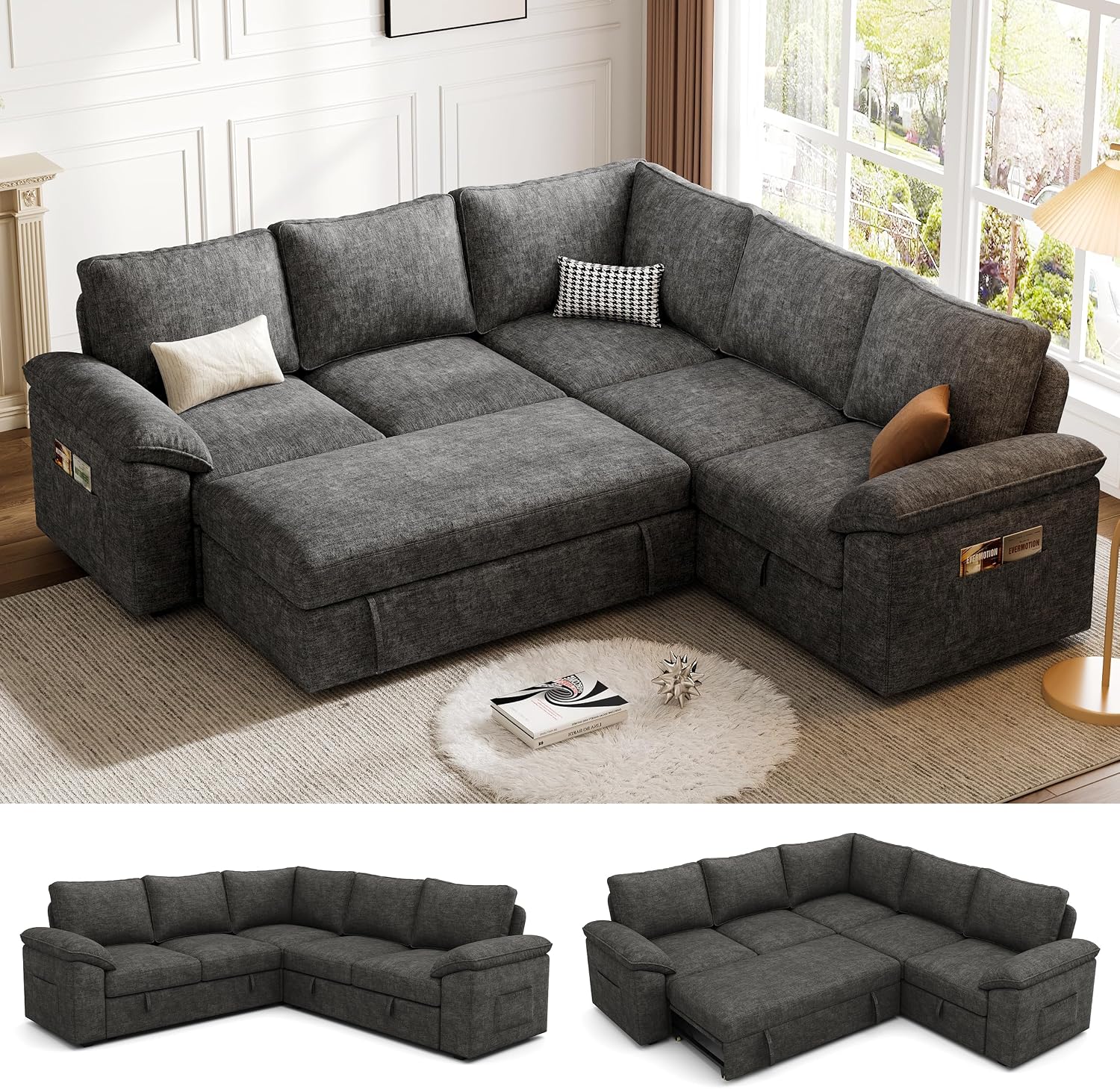 106'' Modular Sectional Sofa with Pull Out Bed, Sleeper Sofa, Dark Gray