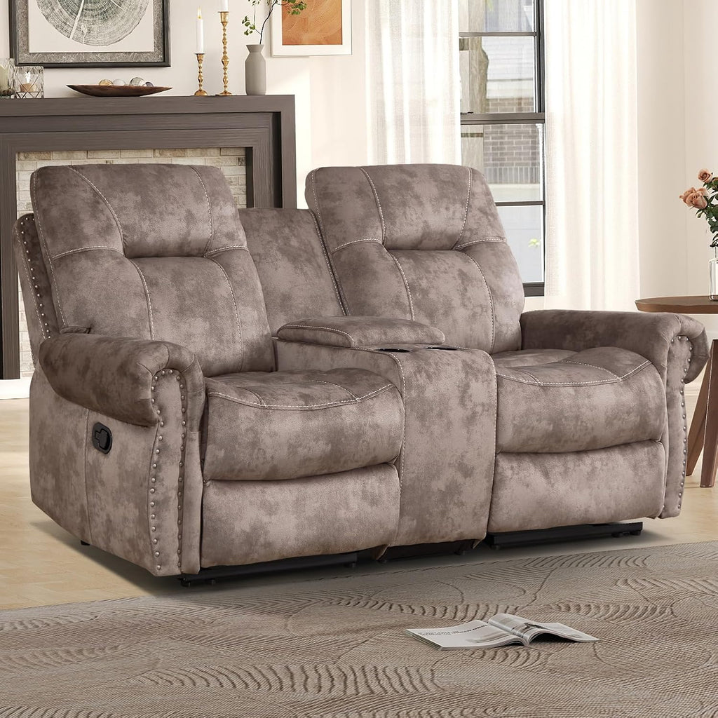 3 Pieces Reclining Couch Furniture Set for Living Room, Double 1 Seat Power Recliner Chair with Massage and Heat, a 3 Seater Manual Sofa, Vintage Rivet Mid Century Design, Grey