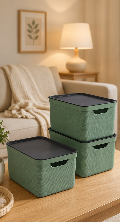 Set of 3 storage boxes with lids, made of plastic, 3 x 16 litres (green)