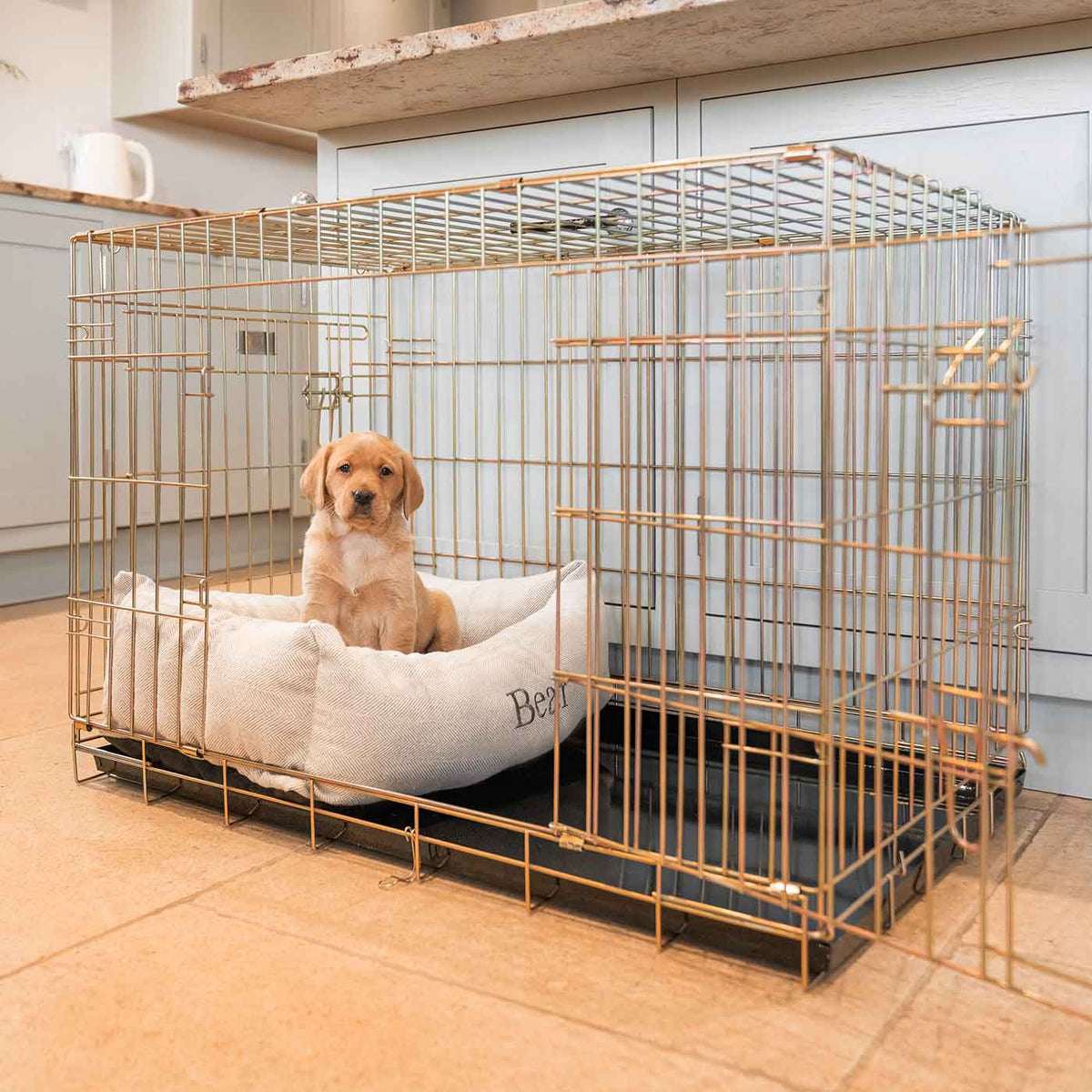Cozy & Calming Puppy Cage Bed in Herringbone Tweed
