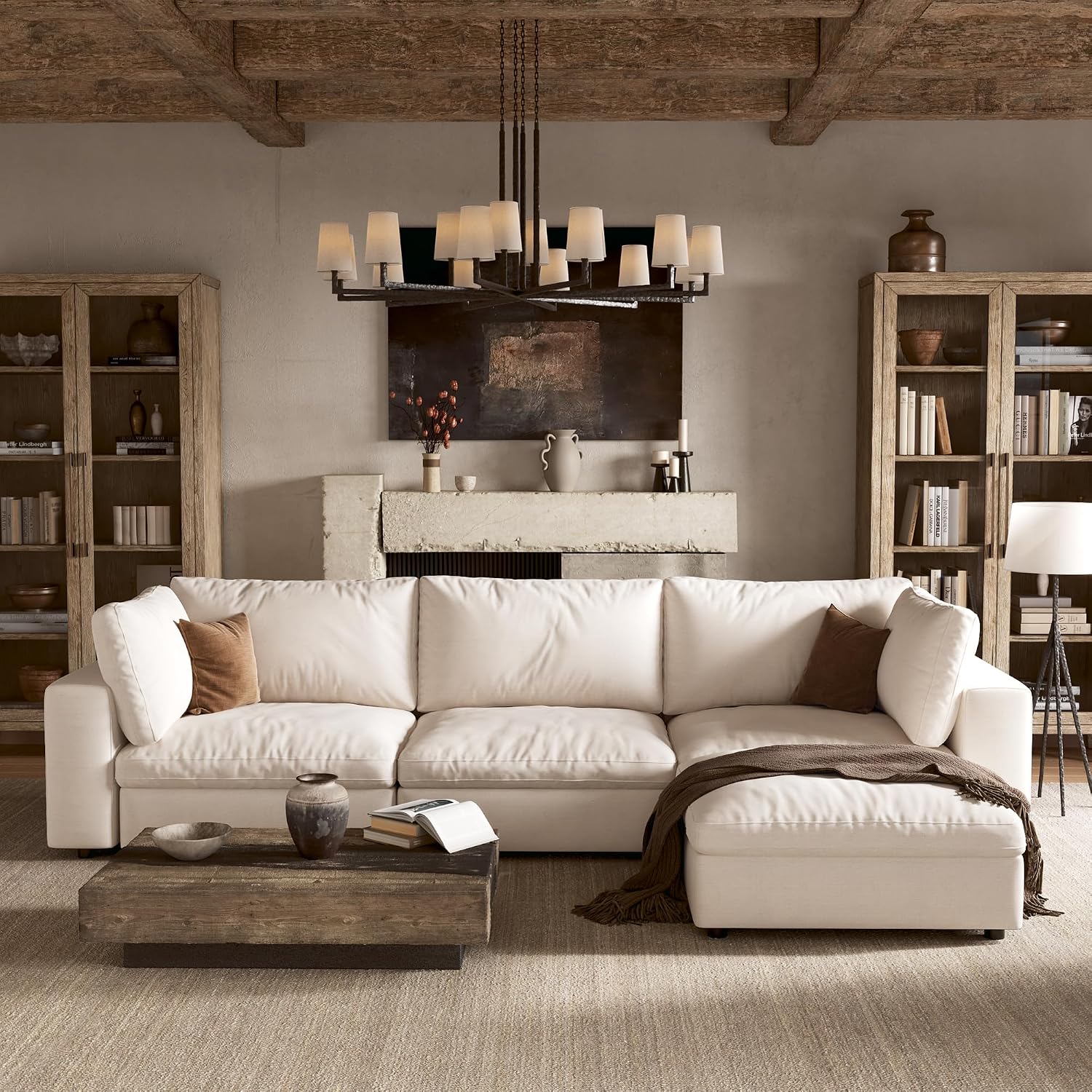 110'' Cloud Sectional Couch with Washable Cover, Deep Seat Modular Sectional Sofa for Living Room, Oversized Sectional Couch with Throw Pillow and Storage Ottoman, 3Seater L Shaped, Off White