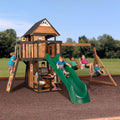 Cedar Wood Backyard Swing Set with Wave Slide, Clubhouse, Play Kitchen, Picnic Area, Rock Wall and Swings