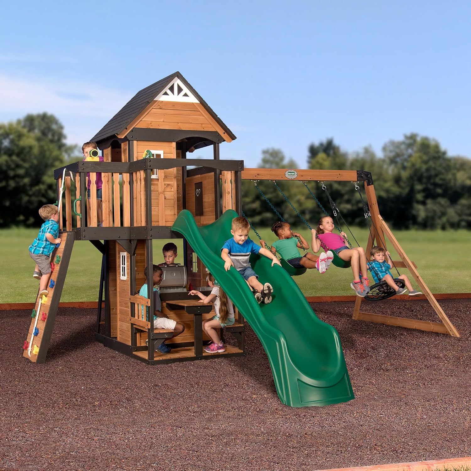 Cedar Wood Backyard Swing Set with Wave Slide, Clubhouse, Play Kitchen, Picnic Area, Rock Wall and Swings