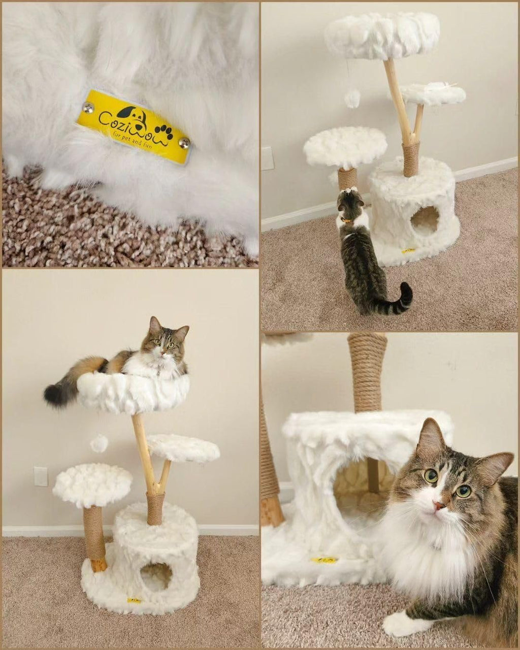 COZIWOW Cloud Cat Tree for Indoor Cats, 42" Modern Aesthetic Cat Tower with Solid Wood Branches, Top Cat Bed, Side Perch, Large Condo, Scratching Posts, Cat-Approved, White