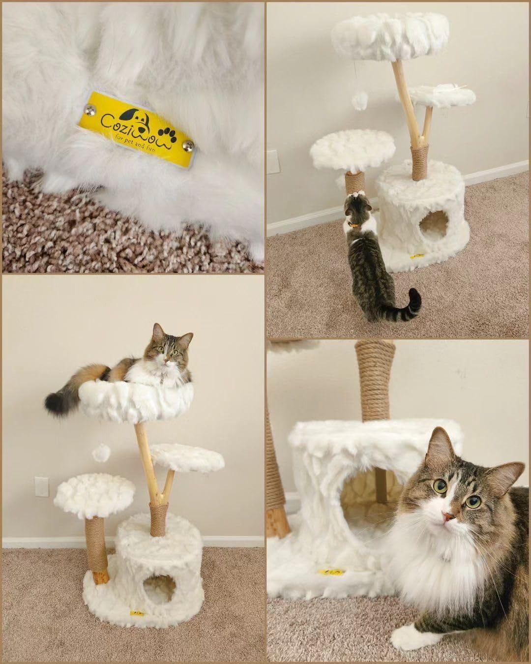 COZIWOW Cloud Cat Tree for Indoor Cats, 42" Modern Aesthetic Cat Tower with Solid Wood Branches, Top Cat Bed, Side Perch, Large Condo, Scratching Posts, Cat-Approved, White