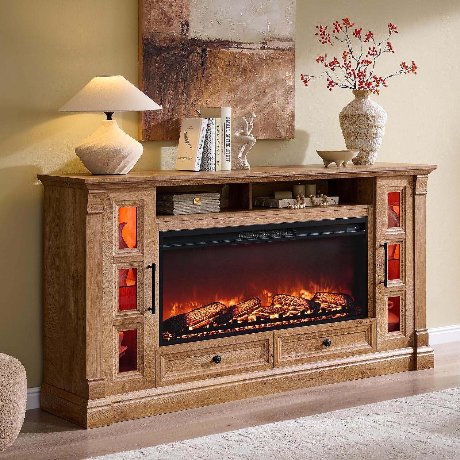 70" Farmhouse TV Stand with 42" Electric Fireplace, Antique White