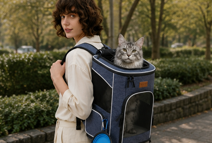 3.Backpack for cats and small dogs (7 kg), foldable, with internal safety leash and cover(blue)