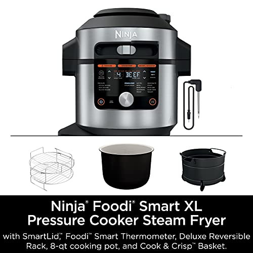 14-in-1 8-Qt. Pressure Cooker and Steam Fryer with Thermometer, Auto Steam Release, 3-Layer Capacity and 5-Qt. Crisp Basket, Silver/Black