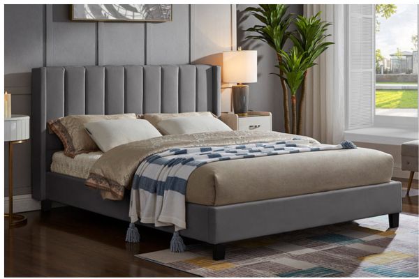 T2190G Grey Velvet Panel Tufted Platform Bed