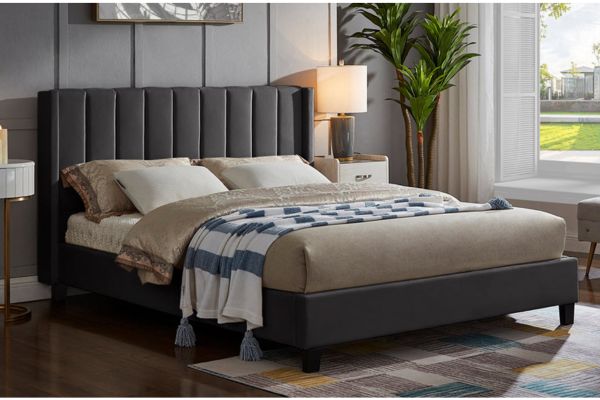 T2190C Charcoal Velvet Panel Tufted Platform Bed