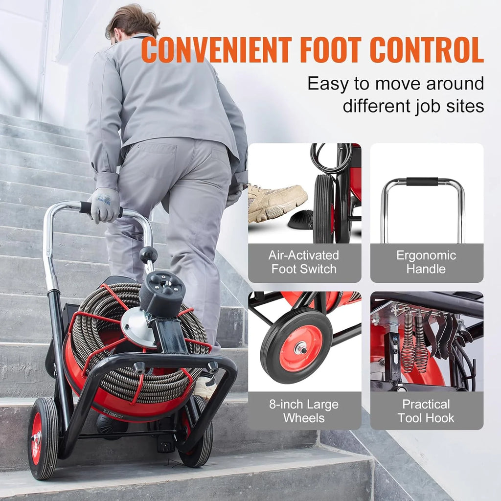 Drain Cleaner Machine 100FT x 1/2 Inch, Auto Feed Sewer Snake Auger on Wheels, 550W Portable Drain Cleaning Machine with 8 Cutters & Air-activated Foot Switch for 2" to 4" Pipes