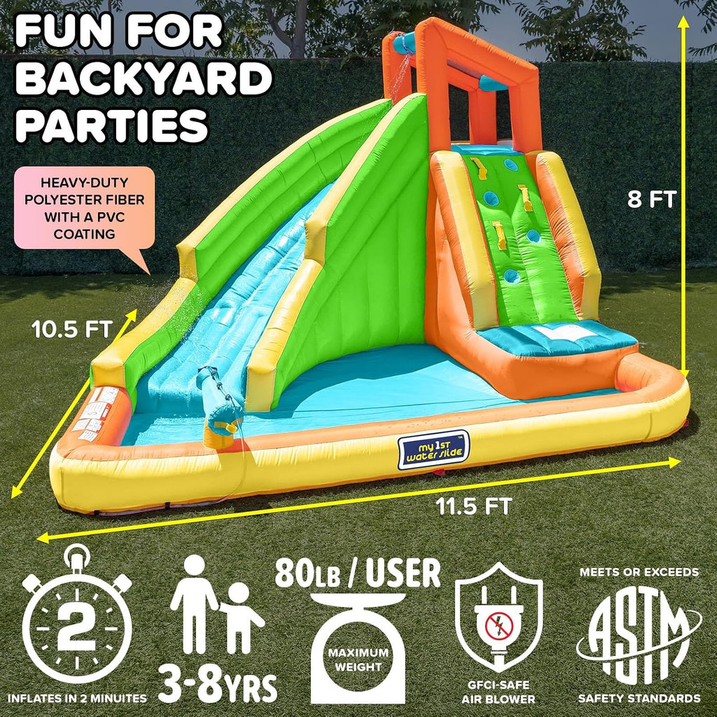 Tidal Wave Inflatable Water Slide for Kids Blower & GFCI Safety Plug, Climbing Wall, Splash Pool, Water Cannon, Ages 3 8