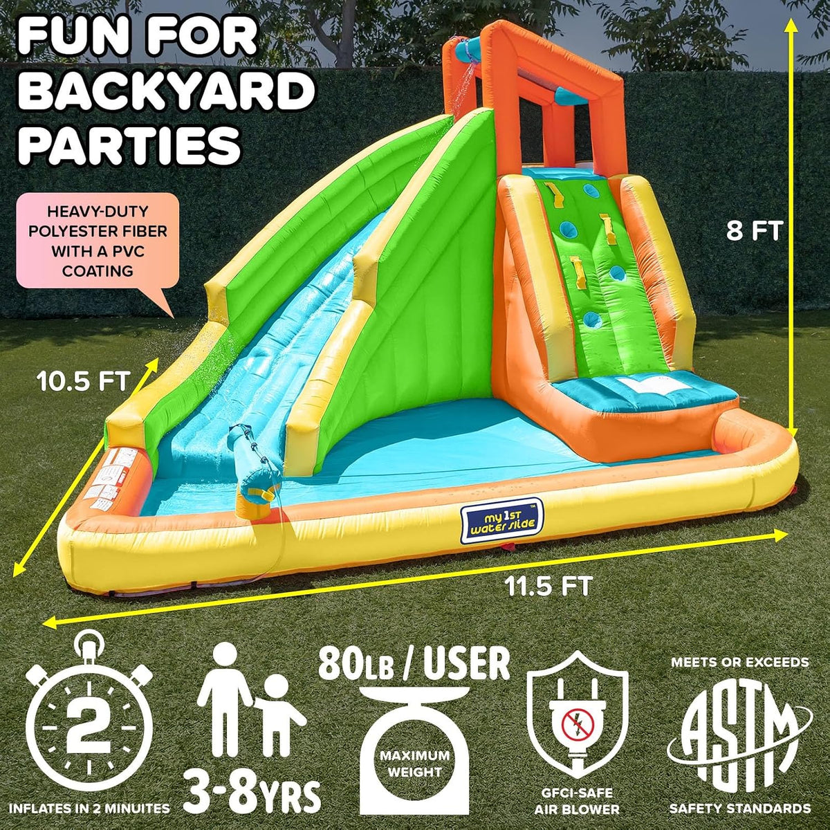 Tidal Wave Inflatable Water Slide for Kids Blower & GFCI Safety Plug, Climbing Wall, Splash Pool, Water Cannon, Ages 3 8