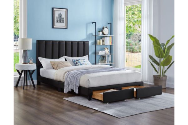 T2120B Black Leatherette Storage Platform Bed with Footboard Drawers