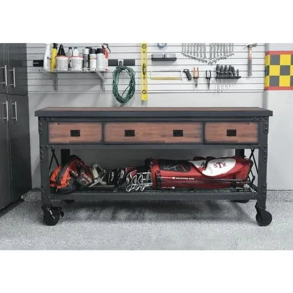 72-Inch 3-Drawer Rolling Industrial Workbench with Wood Top