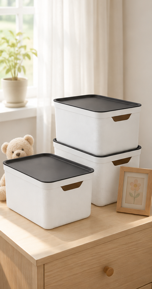 Set of 3 storage boxes with lids, made of plastic, 3 x 16 litres (White)