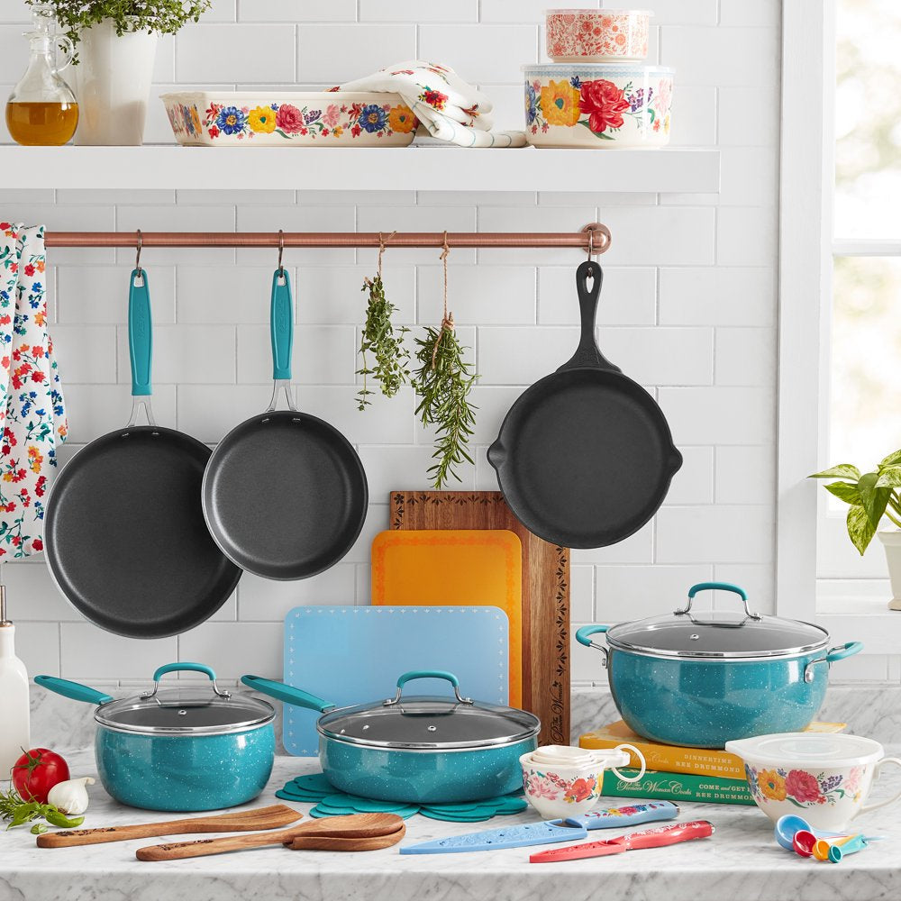 38-Piece Cookware Set with Floral Design, Teal