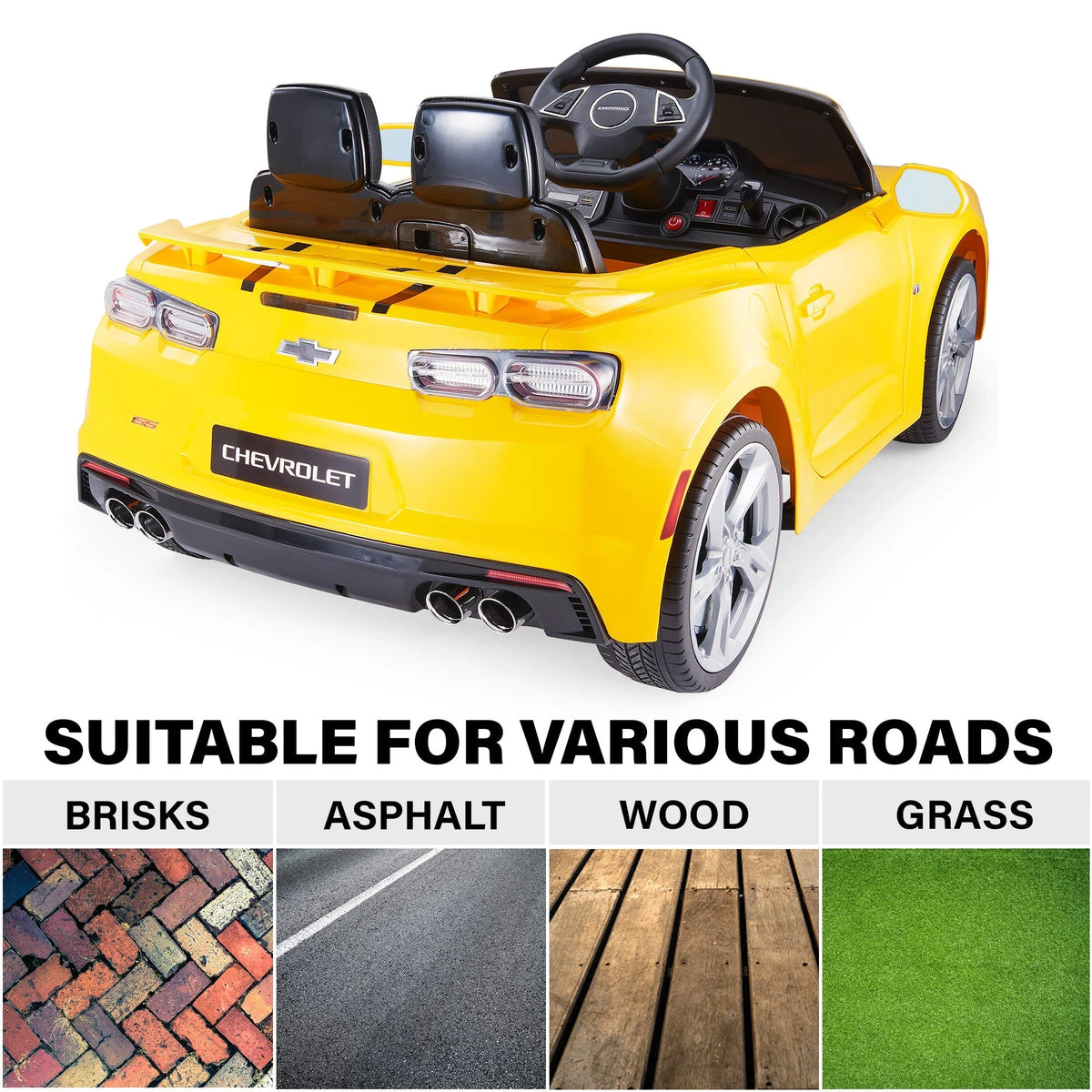 12V Chevrolet Camaro 2SS Kids Ride On One Seater Electric Car with Leather Seat, Rubber Tires and RC