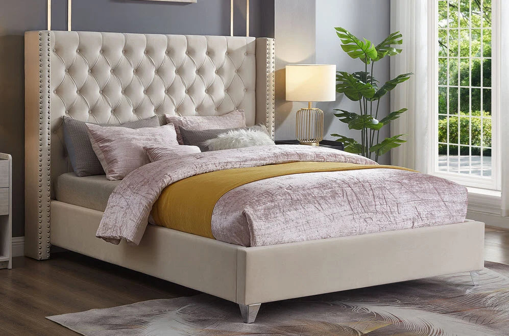 589X Velvet Wingback Platform Bed with Chrome Nailheads