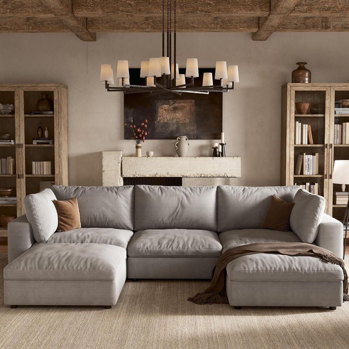 110'' Cloud Sectional Couch with Washable Cover, Deep Seat Modular Sectional Sofa for Living Room, Oversized Sectional Couch with Throw Pillow and Storage Ottoman, 3Seater L Shaped, Off White