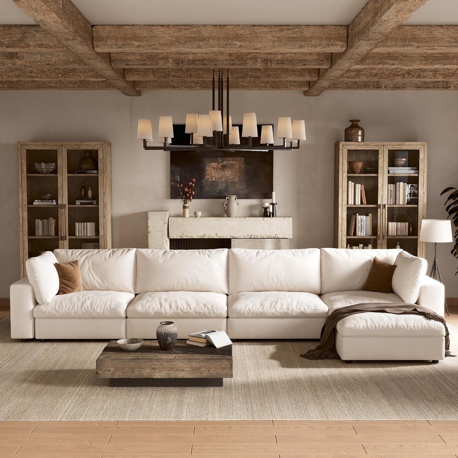 110'' Cloud Sectional Couch with Washable Cover, Deep Seat Modular Sectional Sofa for Living Room, Oversized Sectional Couch with Throw Pillow and Storage Ottoman, 3Seater L Shaped, Off White