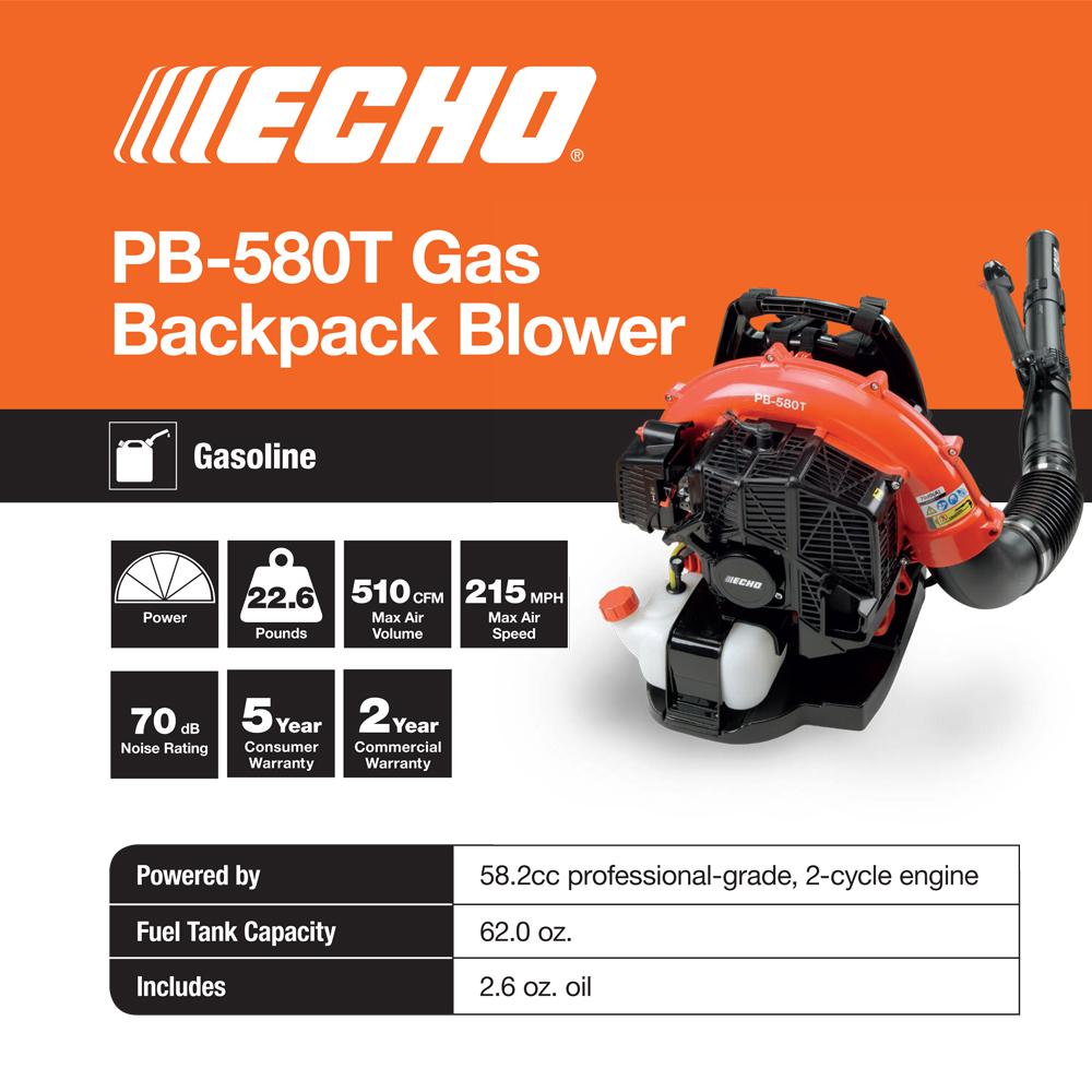 58.2cc Gas Backpack Leaf Blower, 216 MPH, 517 CFM, 2-Stroke Engine