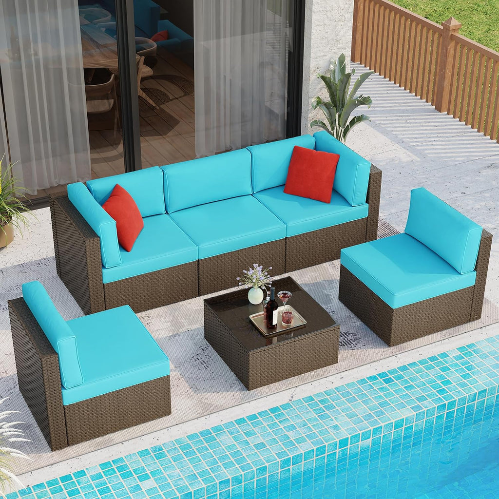 7 Pieces Patio Furniture Sets Outdoor All Weather Sectional Patio Sofa Set PE Rattan Manual Weaving Wicker Patio Conversation Set with Glass Table&Ottoman Cushion and Red Pillows, Beige