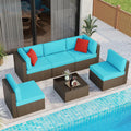 7 Pieces Patio Furniture Sets Outdoor All Weather Sectional Patio Sofa Set PE Rattan Manual Weaving Wicker Patio Conversation Set with Glass Table&Ottoman Cushion and Red Pillows, Beige