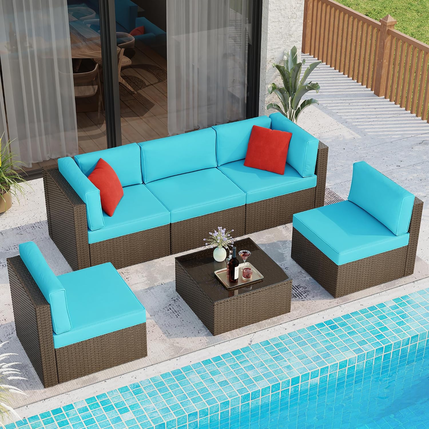 7 Pieces Patio Furniture Sets Outdoor All Weather Sectional Patio Sofa Set PE Rattan Manual Weaving Wicker Patio Conversation Set with Glass Table&Ottoman Cushion and Red Pillows, Beige