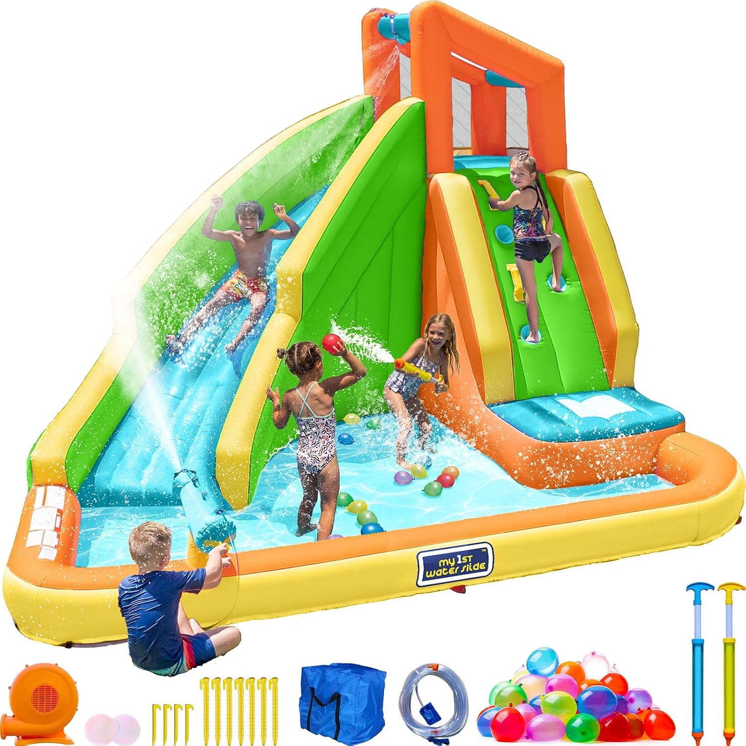 Tidal Wave Inflatable Water Slide for Kids Blower & GFCI Safety Plug, Climbing Wall, Splash Pool, Water Cannon, Ages 3 8