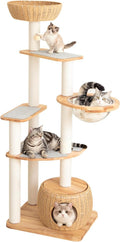 Modern Cat Tree for Large Cat, 56.7-Inch Tall Cat Tower with Scratching Post for Indoor Cats, Multi-Level Cat Condo with Hand-Woven Cat Bed and Hammock Acrylic Bowl (Particleboard 56.7in)