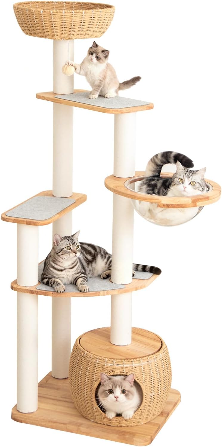 Modern Cat Tree for Large Cat, 56.7-Inch Tall Cat Tower with Scratching Post for Indoor Cats, Multi-Level Cat Condo with Hand-Woven Cat Bed and Hammock Acrylic Bowl (Particleboard 56.7in)