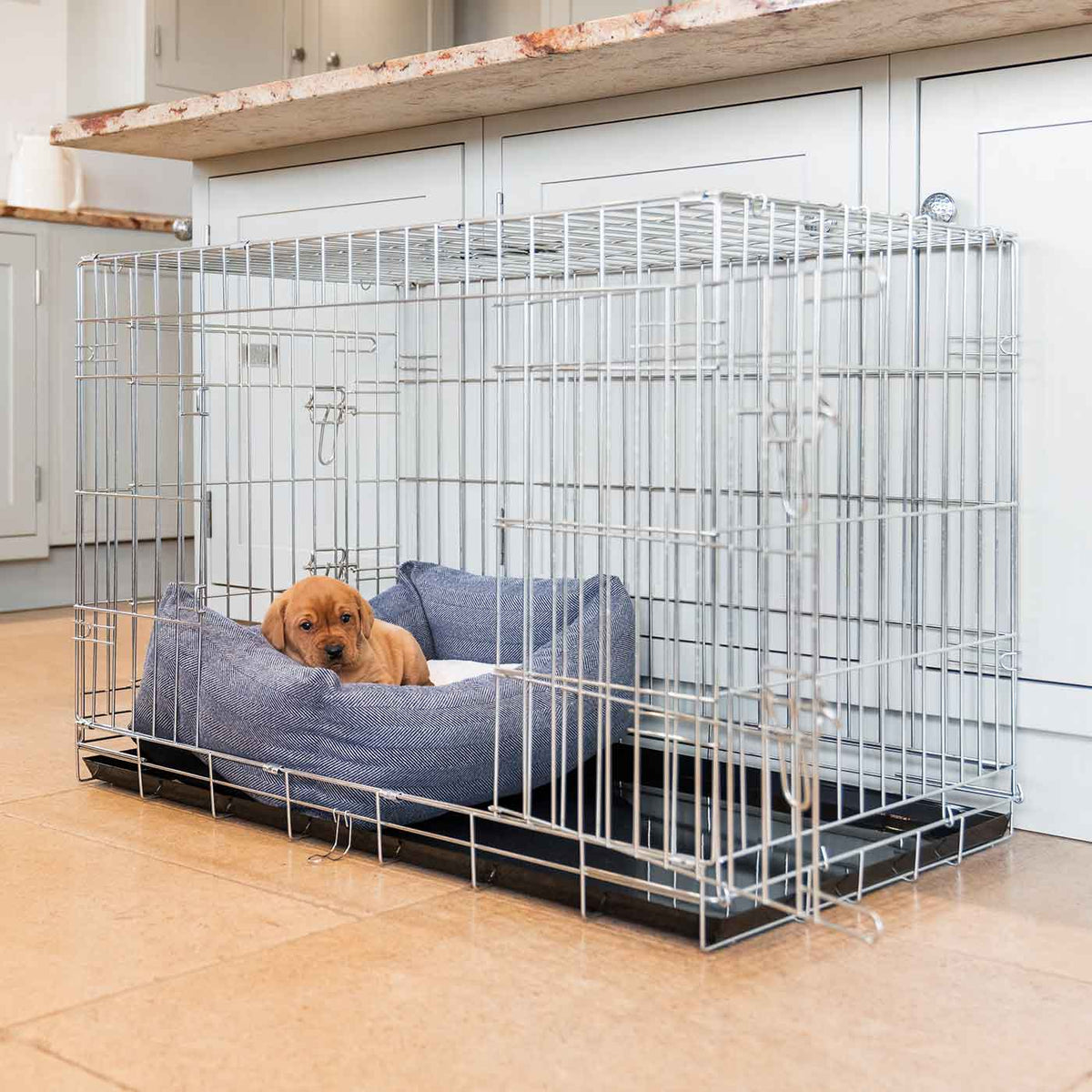 Cozy & Calming Puppy Cage Bed in Herringbone Tweed